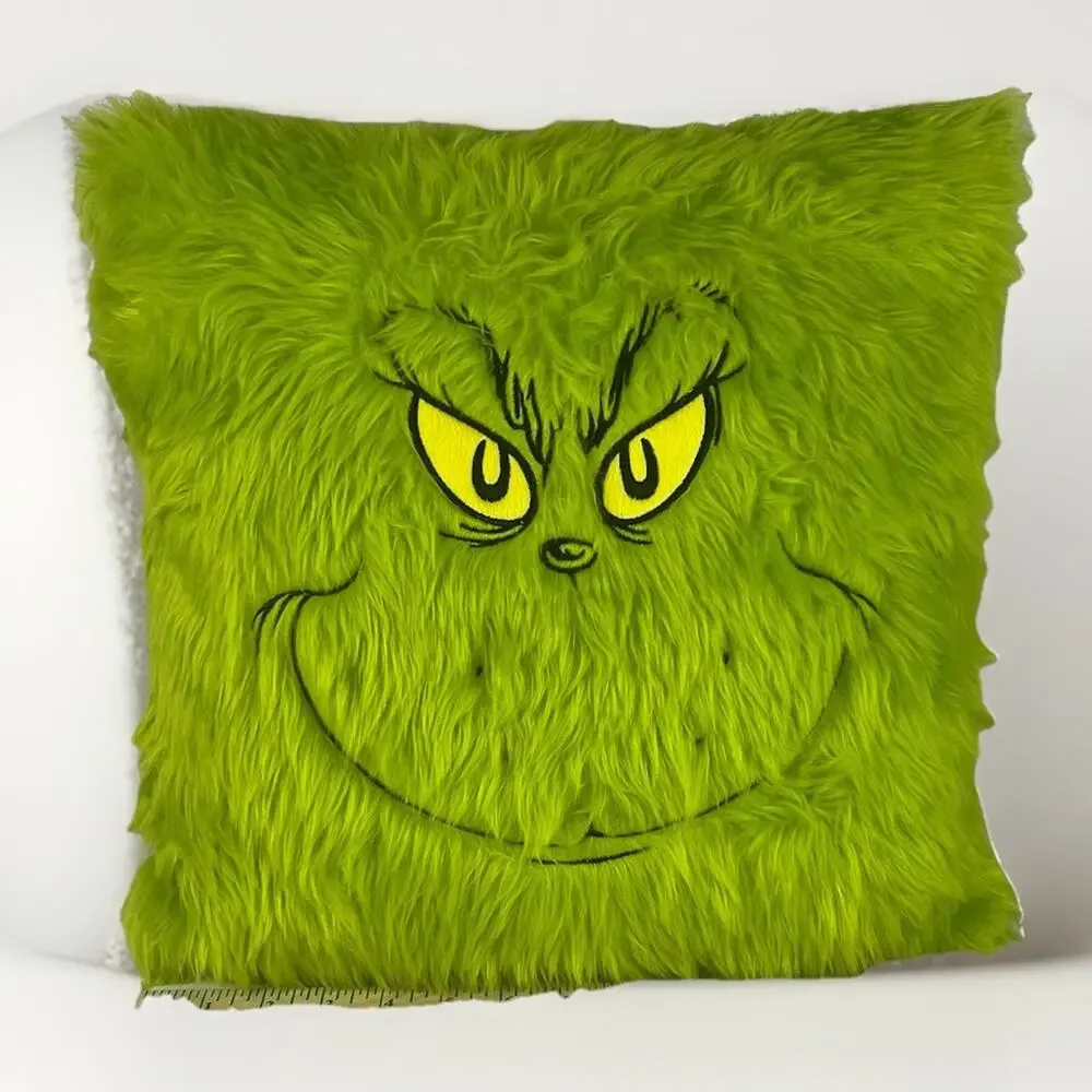 The Grinch Dr. Seuss Throw Pillow Green Faux Fur Face Holiday Christmas Ruz